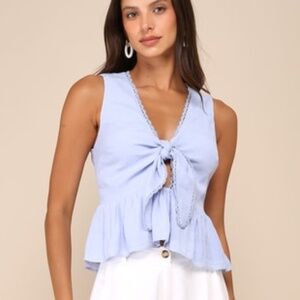 Lulus Light Blue Tie-front Ruffled Top - Size M